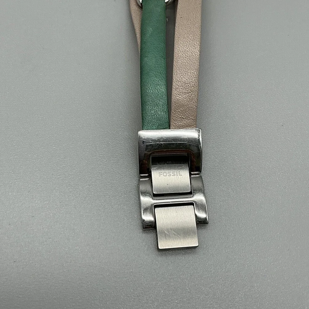Fossil Georgia ES3224 Women Watch 32mm Silver Dial Green Tan Leather New Battery